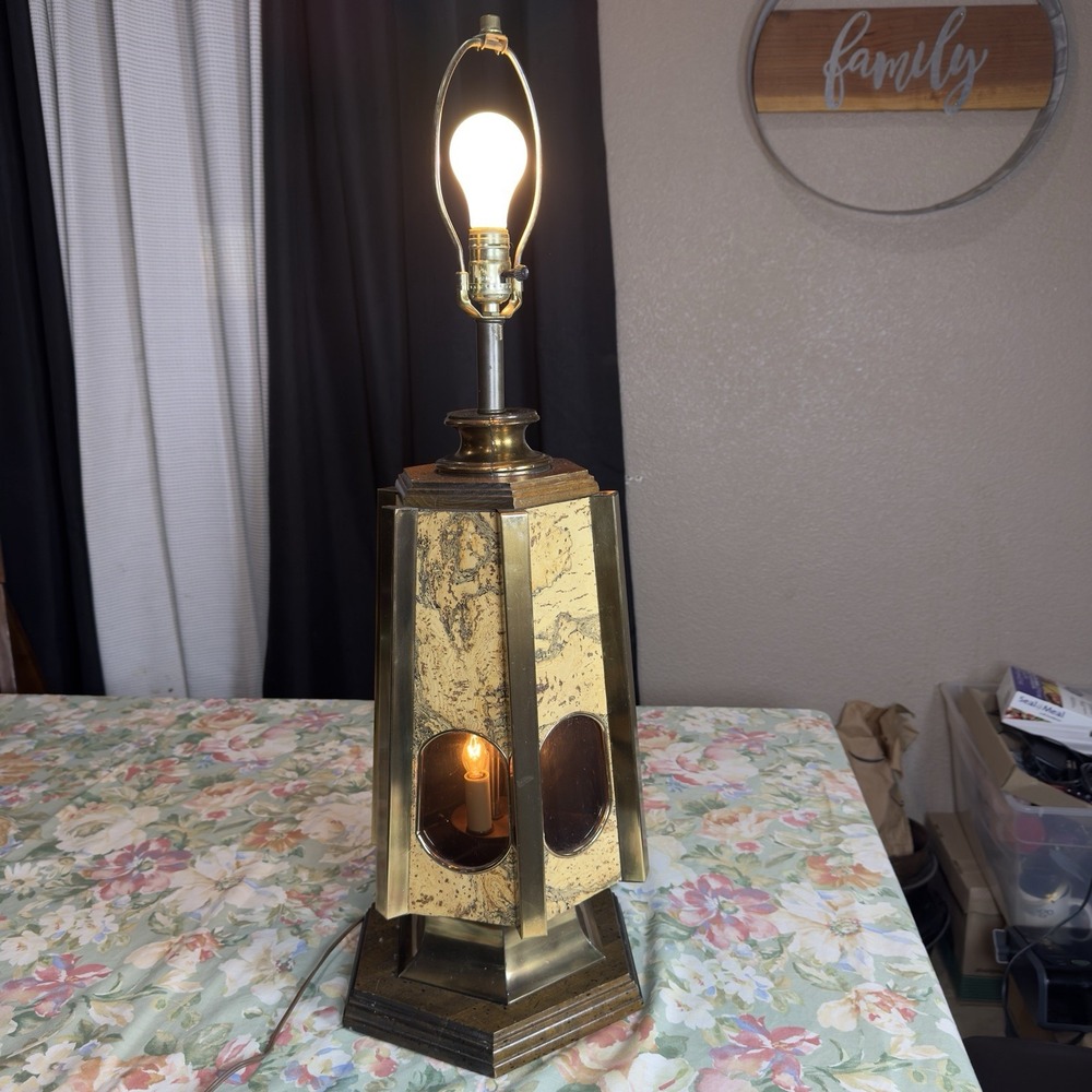 Vintage MCM Mid Century Table Lamp Brass Cork Hexagon Nightlight Base 3 Way Ligh
